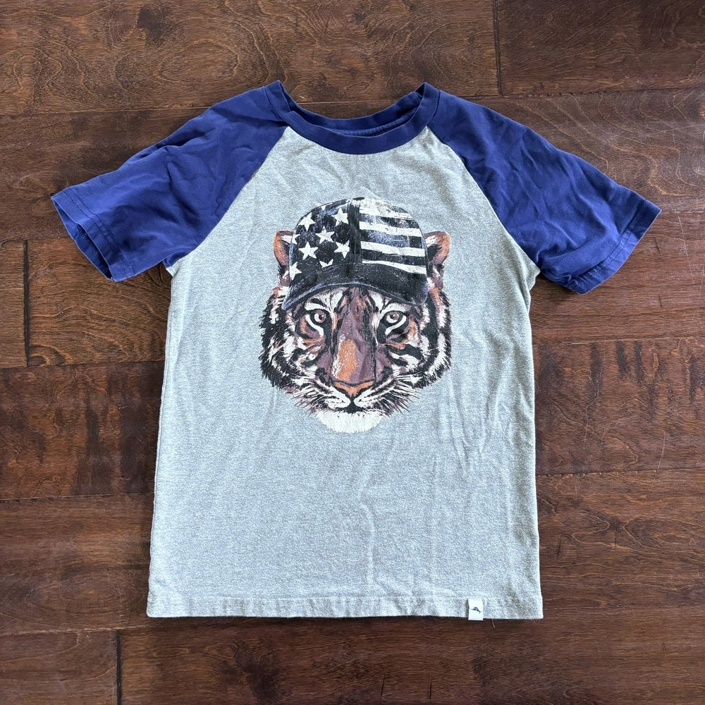 Tommy Bahama Boys Medium‎ 7/8 Graphic Tee Shirt Flag USA Tiger Gray Blue